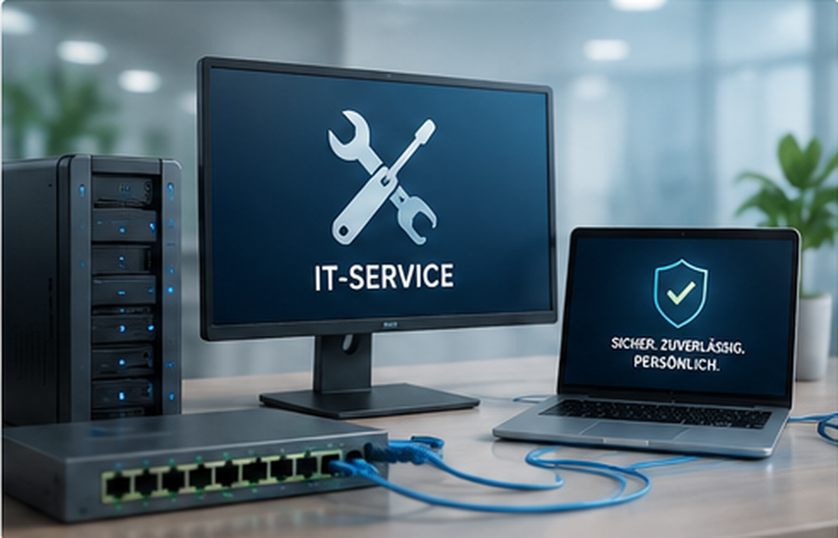 Moderne IT-Service-Grafik mit Computer, Server, Netzwerk und Sicherheit