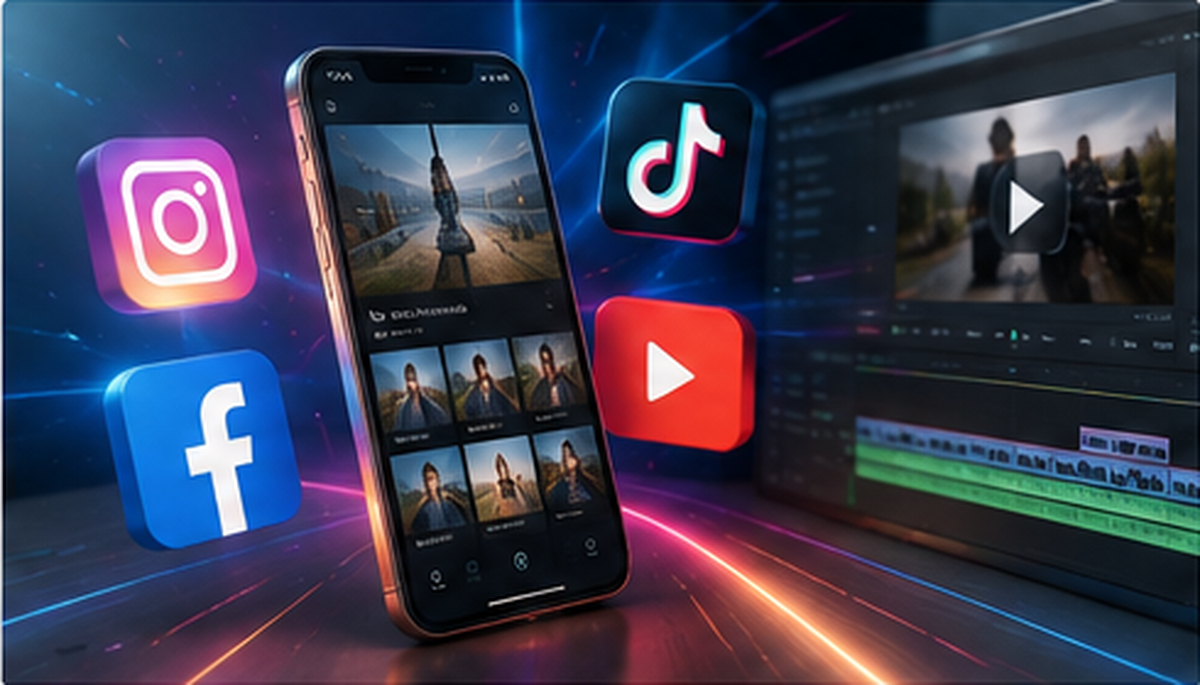 Social-Media- und Video-Grafik mit Instagram, Facebook, TikTok und YouTube